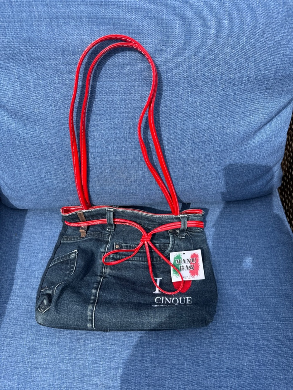 Red-Trim Dark Denim Tote Bag by